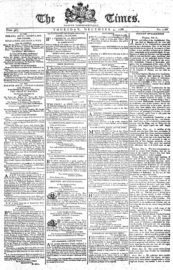 heavy front page of newspaper from 1788 filled with text in tiny font