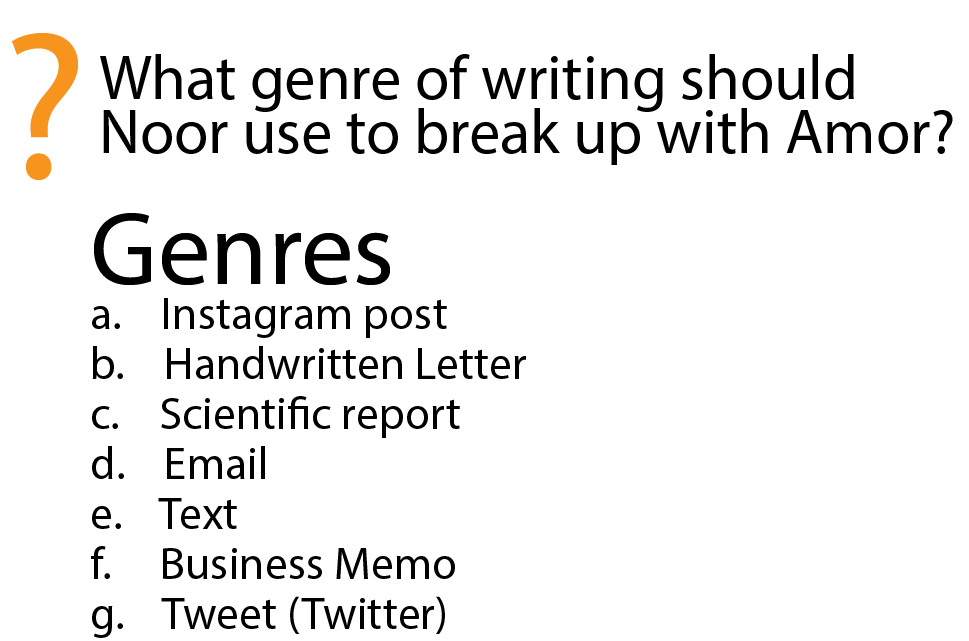 What genre of writing should Noor use to break up with Amor? A. Instagram post B. handwritten letter C. scientific report D. email E. text F. business memo G. tweet (Twitter)