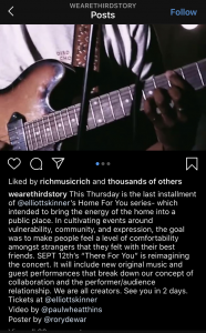 A screenshot of an Instagram page. A man is holding a guitar and there is a long, lengthy caption describing their most recent album launch.