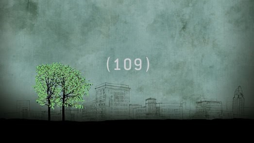 green trees, overcast sky, number 109 centered