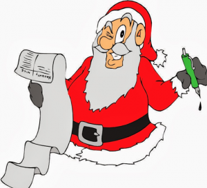 cartoon image of Santa winking at the viewer as he checks off his naughty-vs-nice list