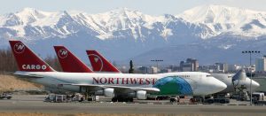 Long haul 747 at Ted Stevens International Airport in front of the Chugach Mountains in Anchorage, Alaska.