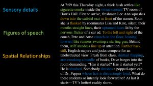 Descriptive toolbox examples for sensory details, figures of speech, and spatial relationships.