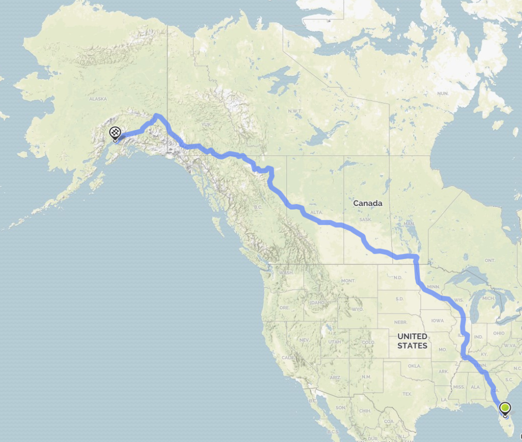 Route of drive from Orlando to Anchorage