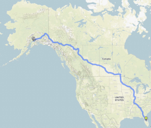 A map of north America with a blue line connecting a route from Orlando, Florida to Anchorage, Alaska