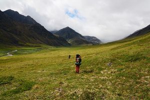 A hiker crossing a field in Gates of the Arctic National Park